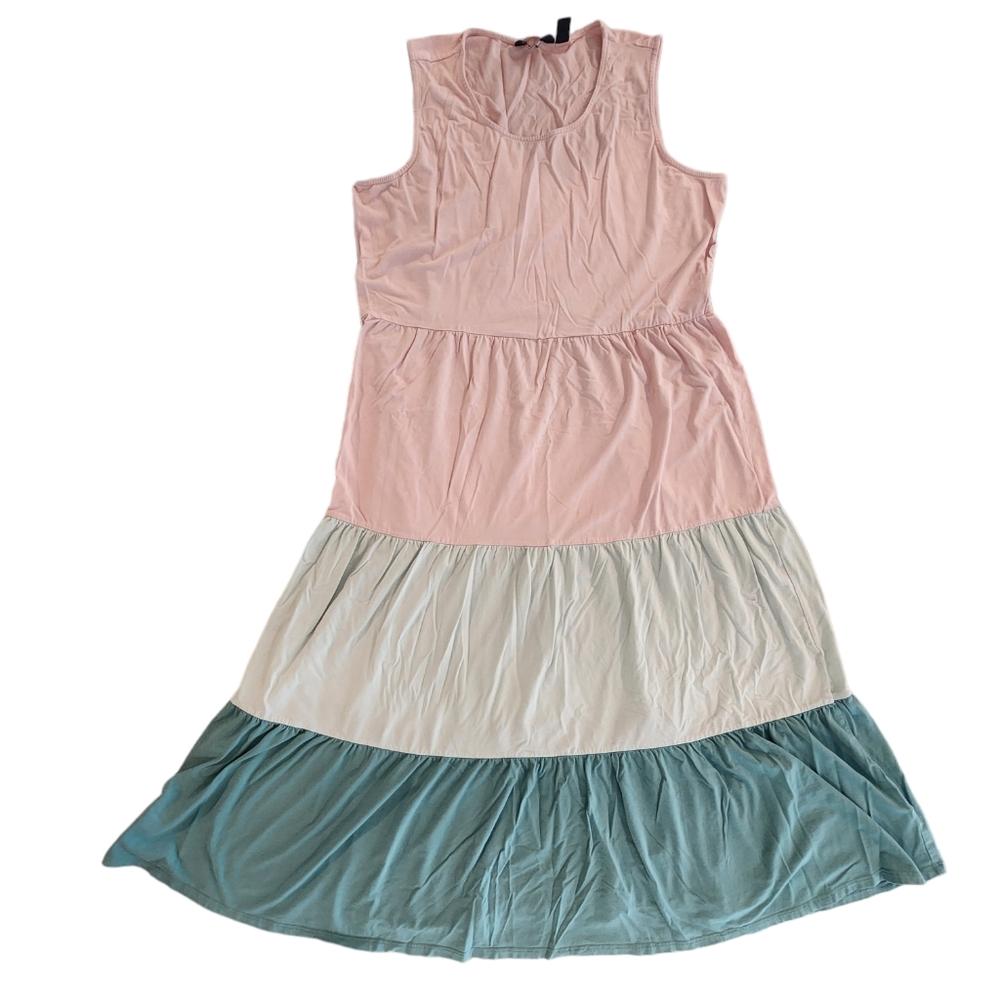 Lands' End Sleeveless Tiered Maxi Dress - Pink & Teal - Women's Petite Large - Picture 2 of 6